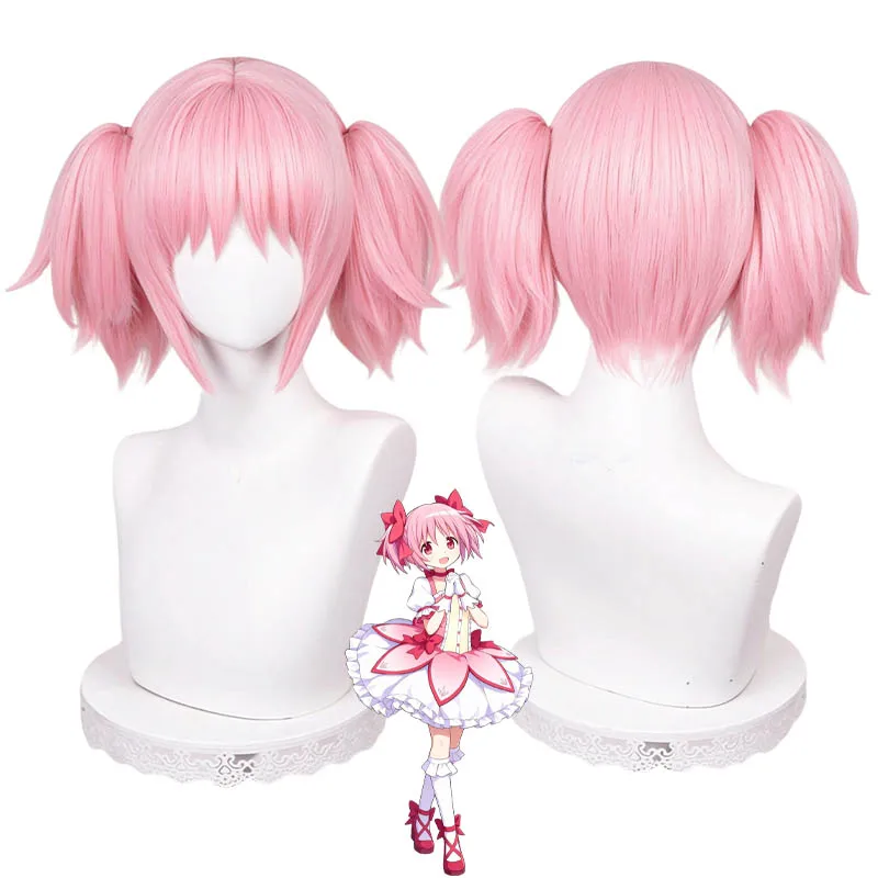 Game Magica Girl Madoka Kaname Cosplay Wig Pink Short Synthetic Hair Bowknot Necklace For Women Halloween Carnival Party Props