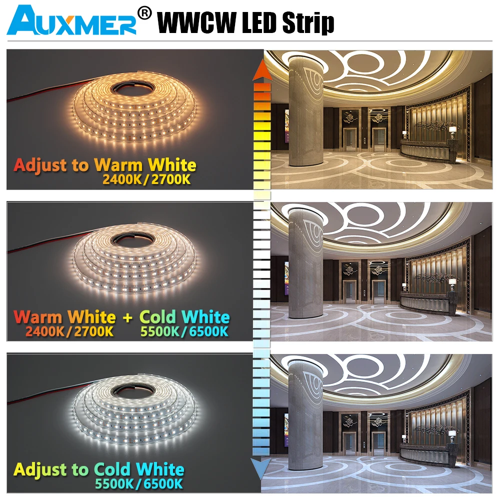 High Power 2835 WWCW LED Strip Light 120LEDs/m IP65 Waterproof CRI90/95 19.2W/m 28.8W/m CCT Adjustable White LED DC12/24V 5m