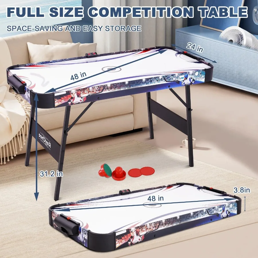 Mesa dobrável de air hockey com motor potente e placar LED digital inclui 2 discos e 2 empurradores ideal para uso interno por