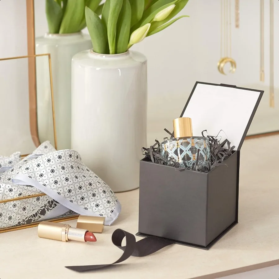 Small Gift Box with Bow and Shredded Paper Fill Black 4 inch Gift Box for Weddings Graduations Birthdays Father's Day Groomsmen