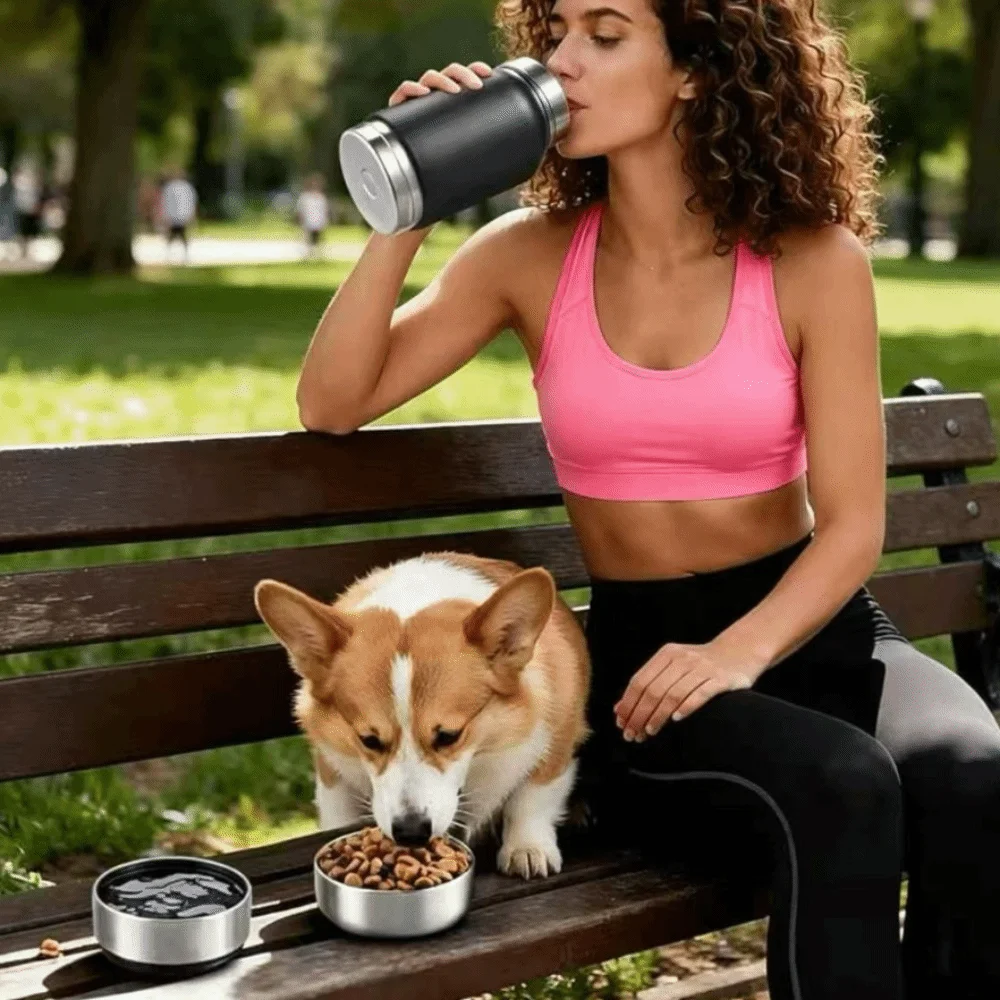 

3 in 1 Stainless Steel Pet Water Bottle Multi-layered 32Oz Dog Drinking Bottle Leak-proof Large Capacity Pet Food Bottle