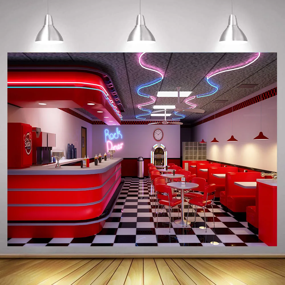 Retro 1950’s diner 50s diner Backdrop Vintage Classic American Fast Food Restaurant Soda Shop 1950s Theme Birthday Party Decor
