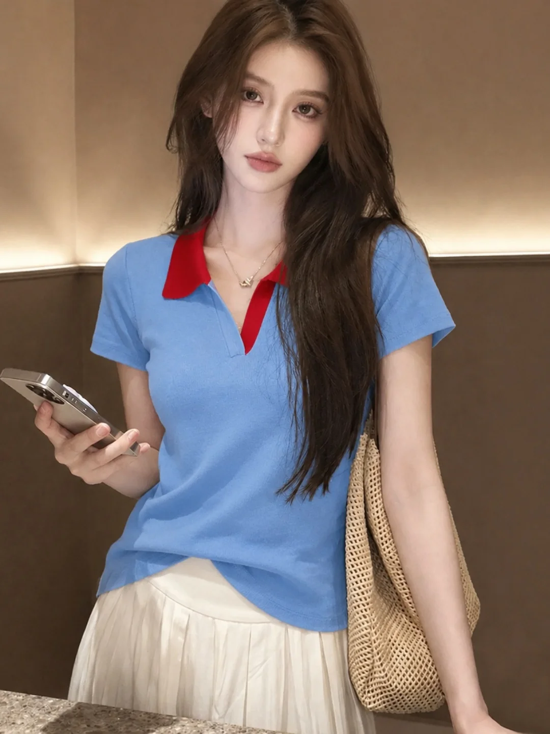 

Korean Style Slim Fit Short Sleeve T-Shirt Women's Fashion Contrast Color Design Simple Elegant Summer Top Poet Lin Silk