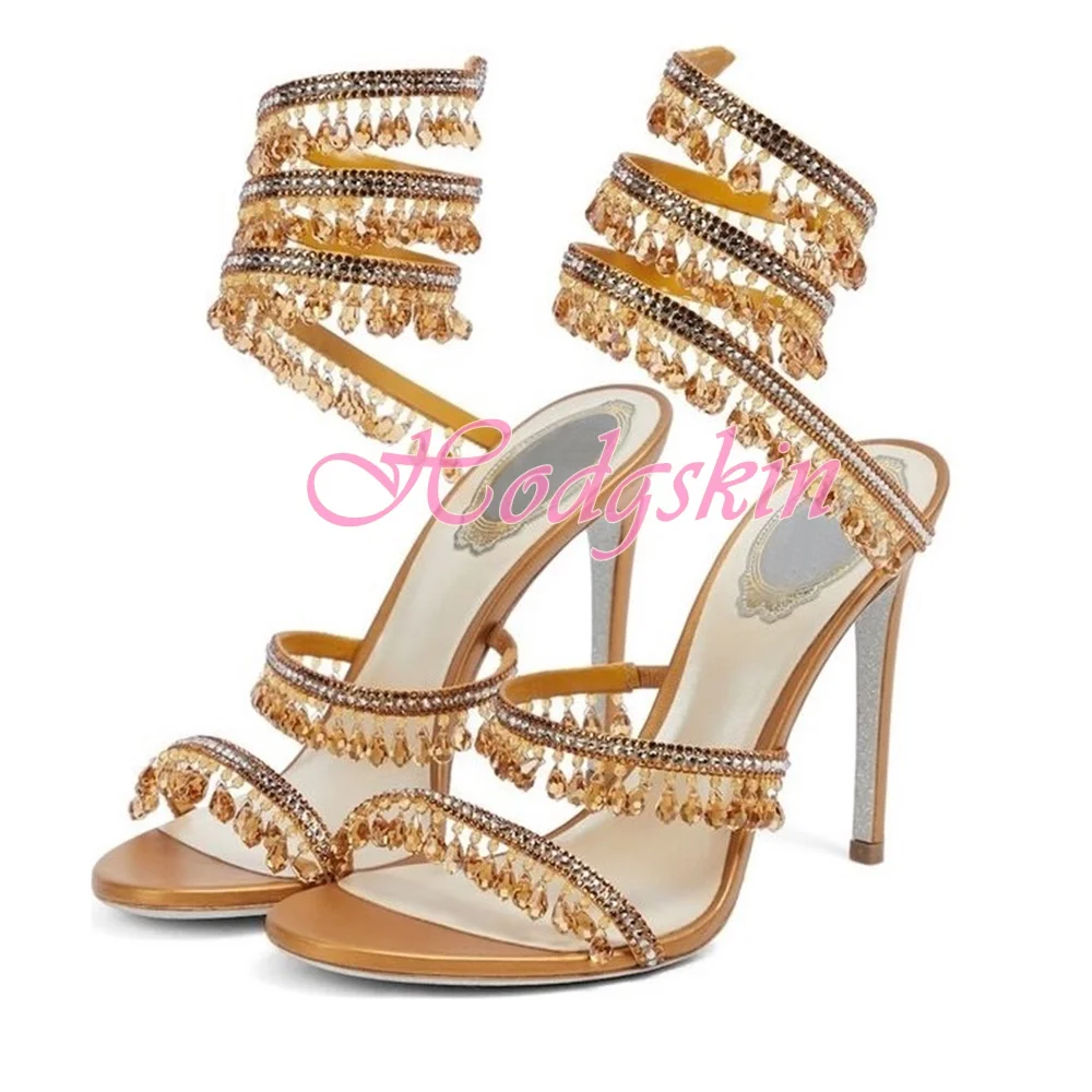 Crystal Bead Twine Sandals Open Toe Straps Solid Women Sexy Shoes Slip On Wrapped Stiletto Heels Summer Party Dress Sandals New