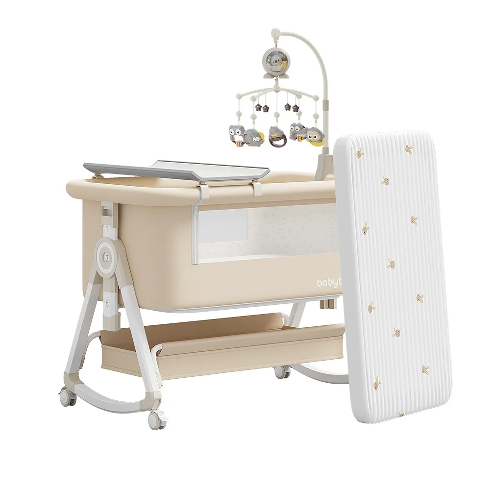Newborn Splicing Queen Bed Movable Portable Two-in-one Foldable Multifunctional Cradle Bed Crib for Nursery Room