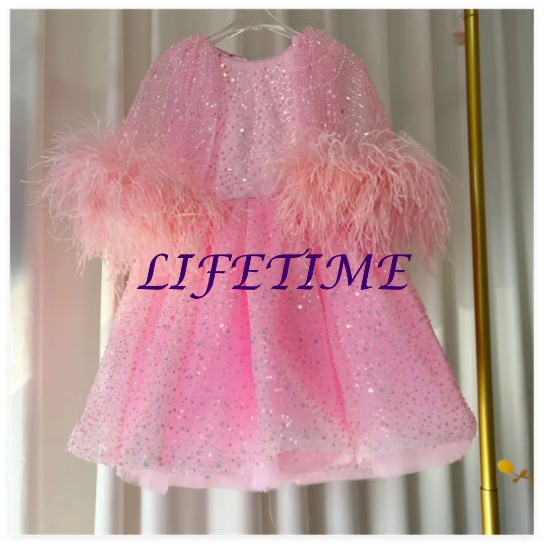 Vestidos florais rosa personalizados para meninas, vestidos de tule sem mangas com apliques e bainha inchada, vestidos de princesa para festa de casamento e aniversário