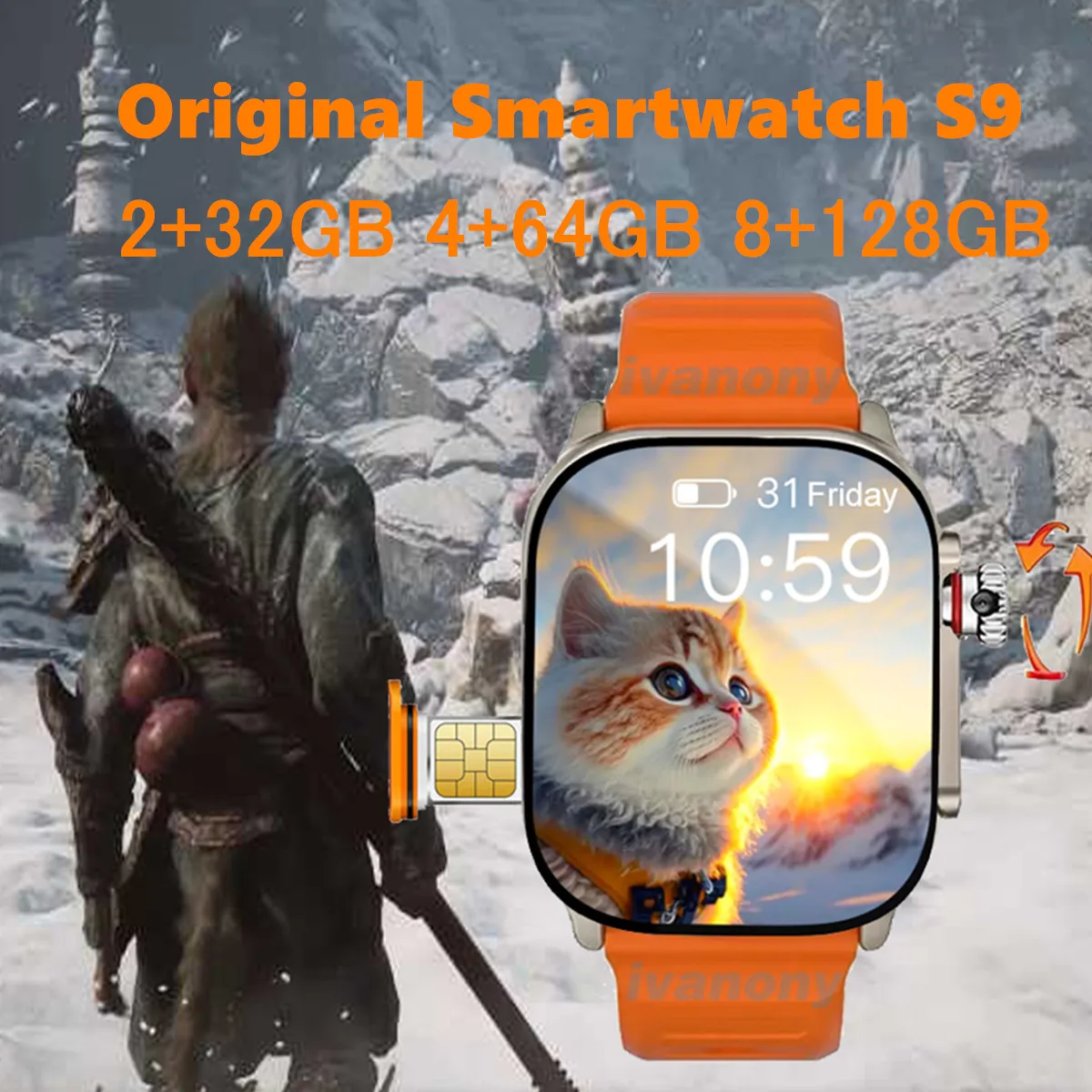 Original Smart Watch S9 4G SIM Card WIFI GPS Google Play Store APP Download 128GB ROM Video Call Rotary Camera Global Version