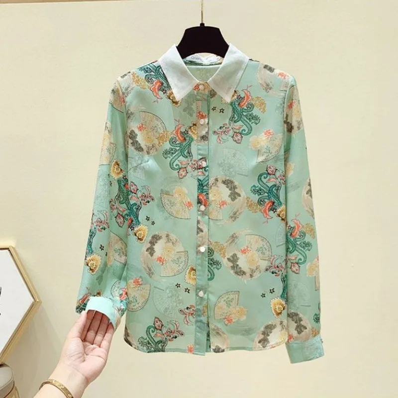 2023 New Spring and Autumn Temperament Mesh Red Top Long Sleeve Fashionable Loose Chiffon Shirt Women's Fashion Casual Shirt