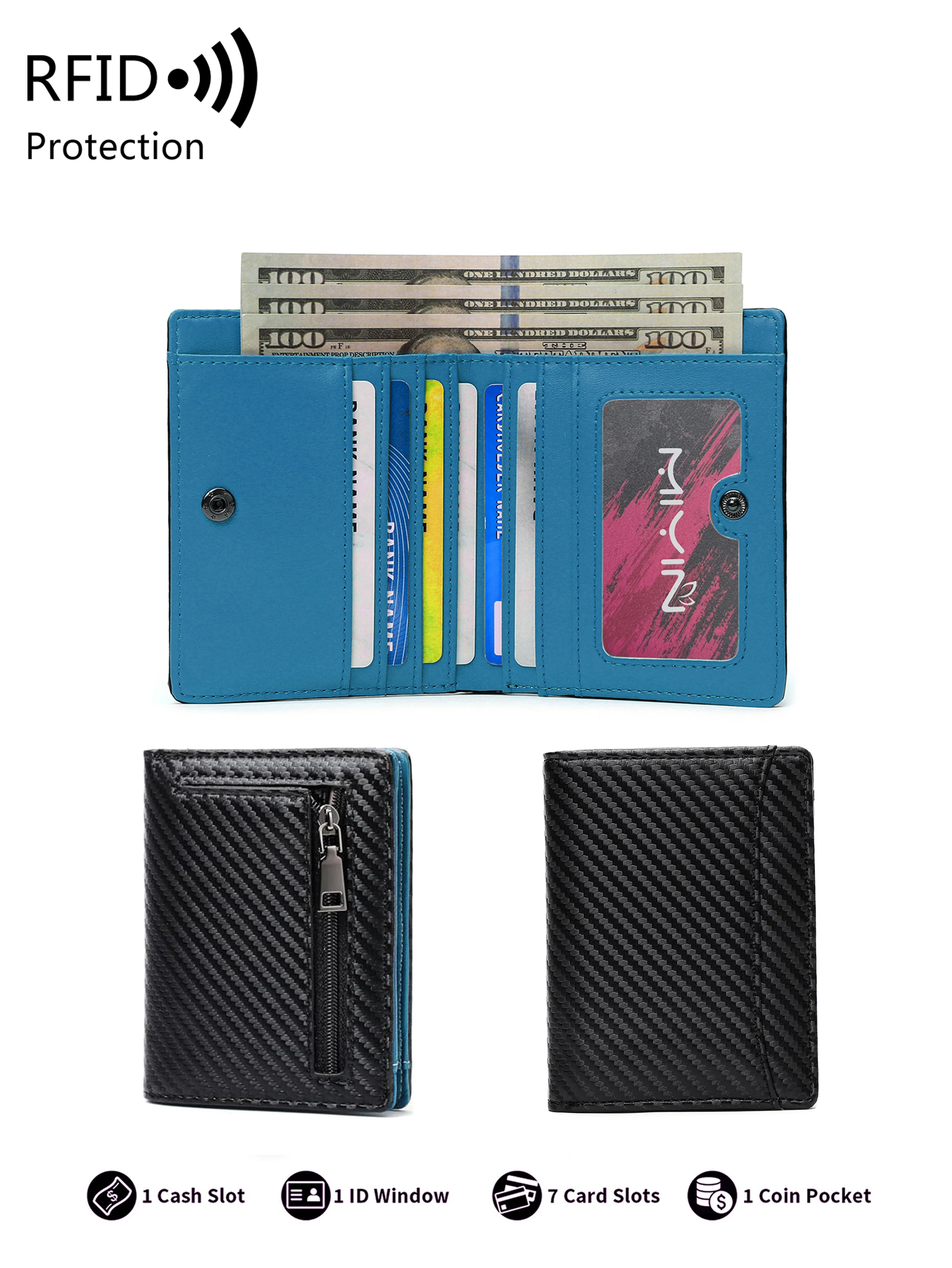 Men's Carbon Fiber Wallet PU Leather RFID Bifold Short Wallet Portable Zipper Coin Pocket Ultra-thin Large Capacity Card Holder