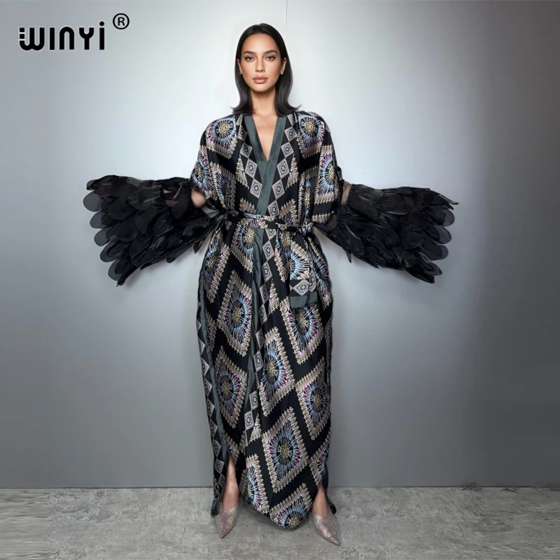 كيمونو نسائي أنيق من WINYI لقضاء العطلات، معطف طويل الأكمام، عباءة دبي فاخرة، ملابس شاطئ، فستان بوهيمي، قفطان للعطلات