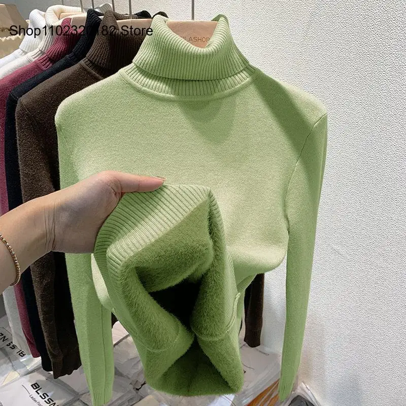 Mid Neck Winter Sweater Women Elegant Thicken Velvet Lined Warm Sueter Knitted Pullover Slim Jersey Knitwear Jumper New