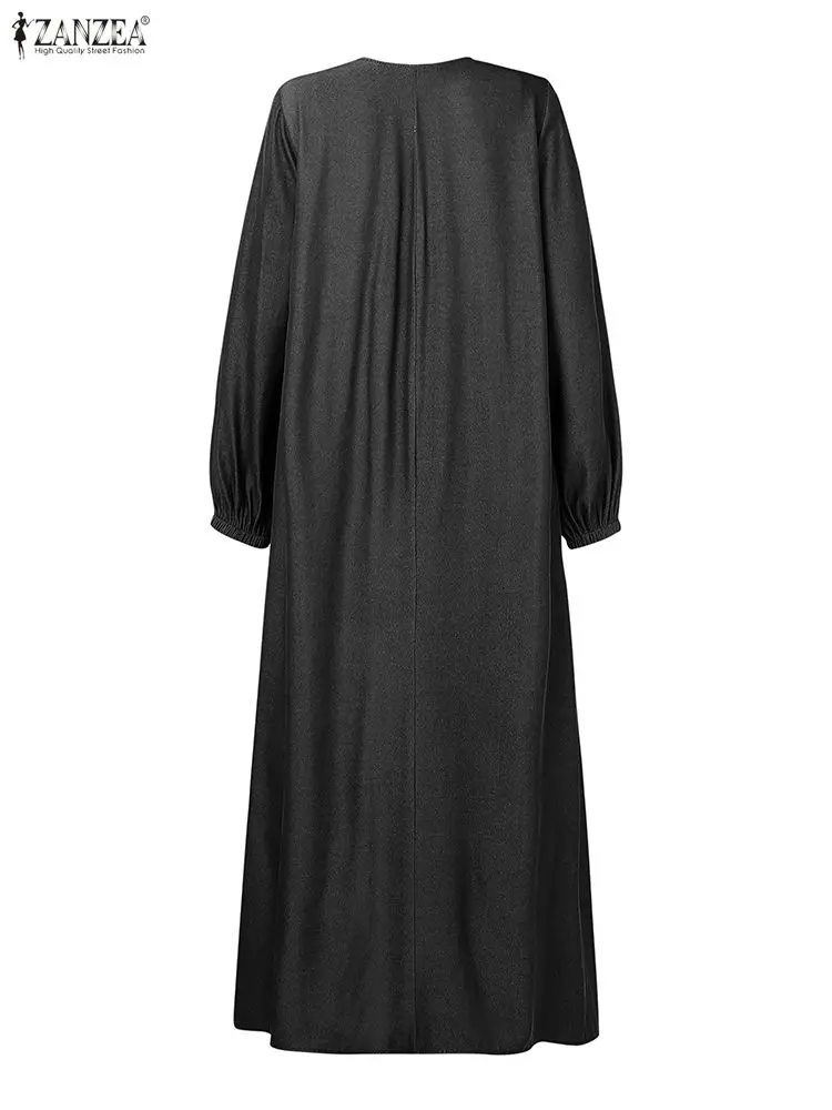 ZANZEA Denim-Like Casual Black Long Dresses Women's Loose O-Neck Lantern Sleeve Half-Buttons Maxi Dress Fall 2025 Woman Clothing