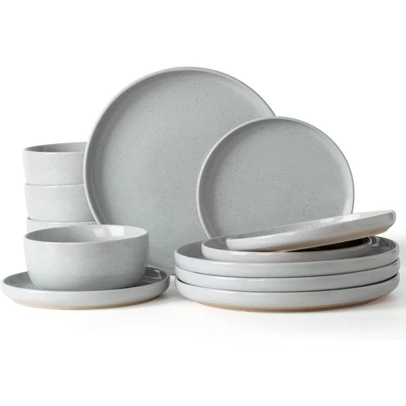 Milkyway Plates and Bowls Set, 12 Pieces Dinnerware Sets, Dishes Set for 4, Light Gray