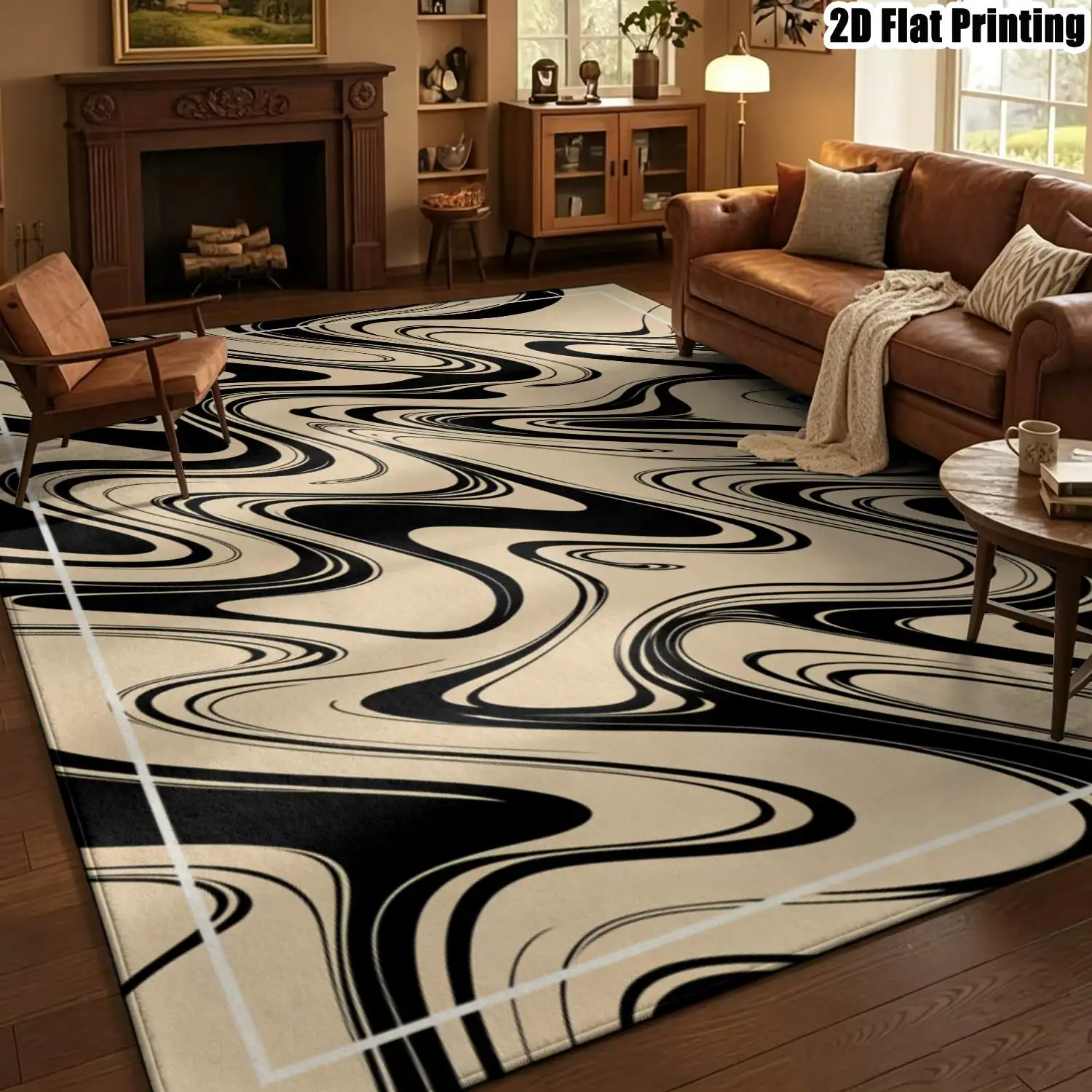 1Pc 2D Printed Black Apricot Fluid Line Pattern Carpet, Modern Simple Instagram Style Decor, Machine Washable, Multi-Size, for Home Entrance Dining Bedroom Living Room Etc