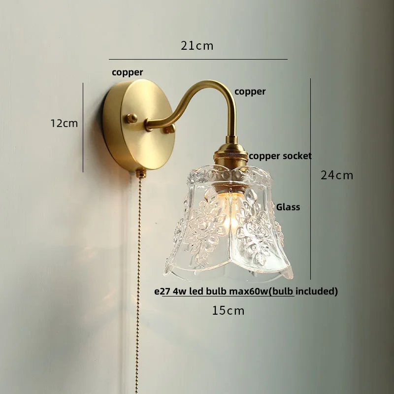 IWHD Clear Glass LED Wall Lights Bar Dining Room Aisle Nordic Modern Copper Pull Chain Switch Bedside Lamp Sconce Aplique Pared