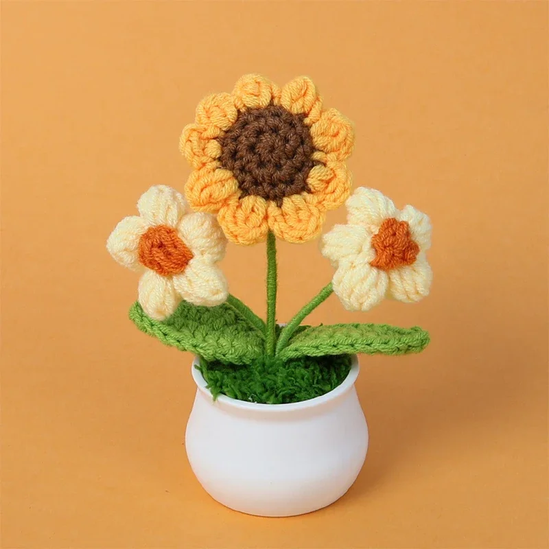 Sunflower Crochet Flowers Hand-knitted Flower Potted Finished Crochet Woven Flowers Pot Graduation Gift Home Decoration