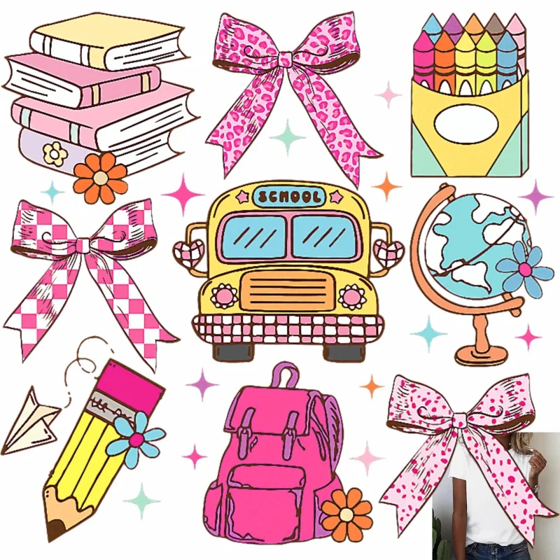 Back to School Themed Heat Transfer White Ink Iron - on Patches, Schoolbag, Books, School Bus, Bows, for T - Shirts, Canvas