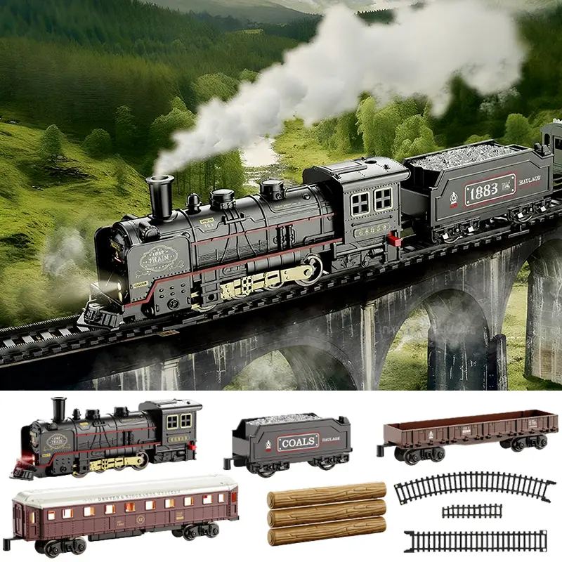 Crianças retro trem de vapor elétrico ferroviário brinquedos clássico trem de carga ferroviária faixas de alta velocidade trem modelo meninos brinquedos presente de natal