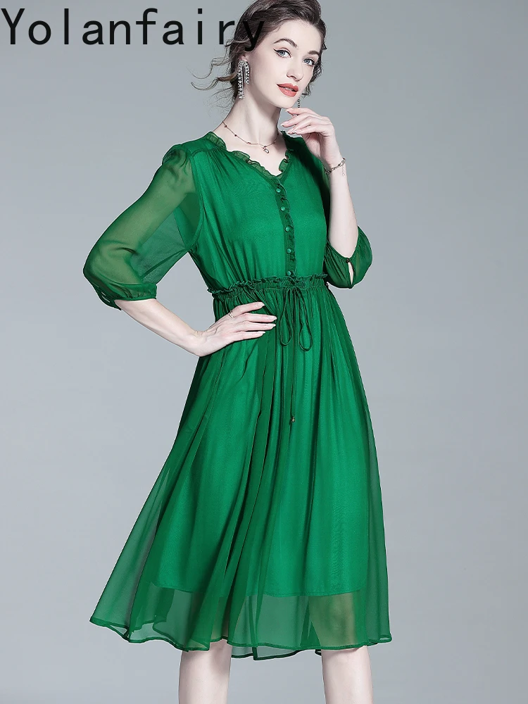 ชุดเดรสไหมมัลเบอร์รี่แท้ 100% ยี่ห้อ YOLANFAIRY สำหรับผู้หญิง ฤดูร้อน หรูหราเบาสบาย ชุดเดรสไหมแท้คุณภาพสูง สีเขียว ชุดเดรสสำหรับผู้หญิง