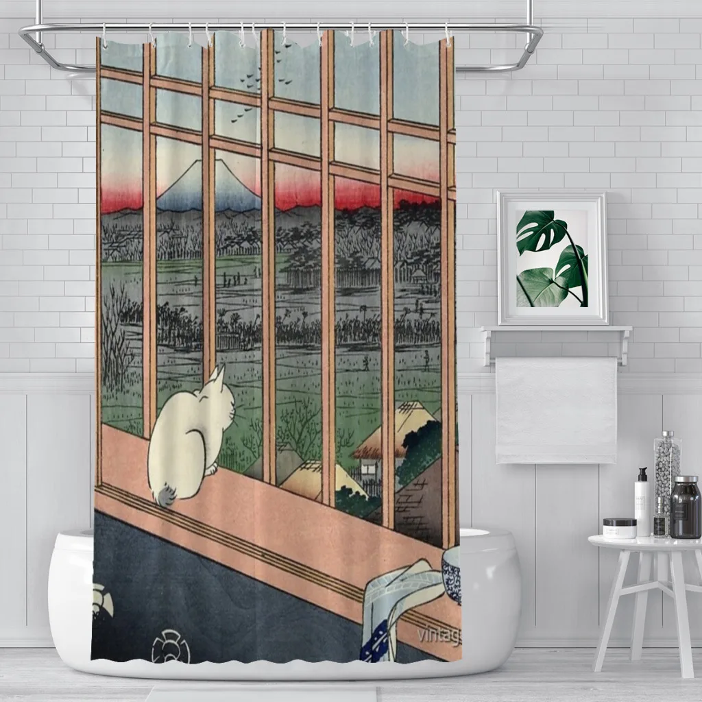 

Utagawa Hiroshige Japanese Woodblock Cat Print Shower Curtain Landscape Bath Curtain With Hooks for Bathroom waterproof scenery