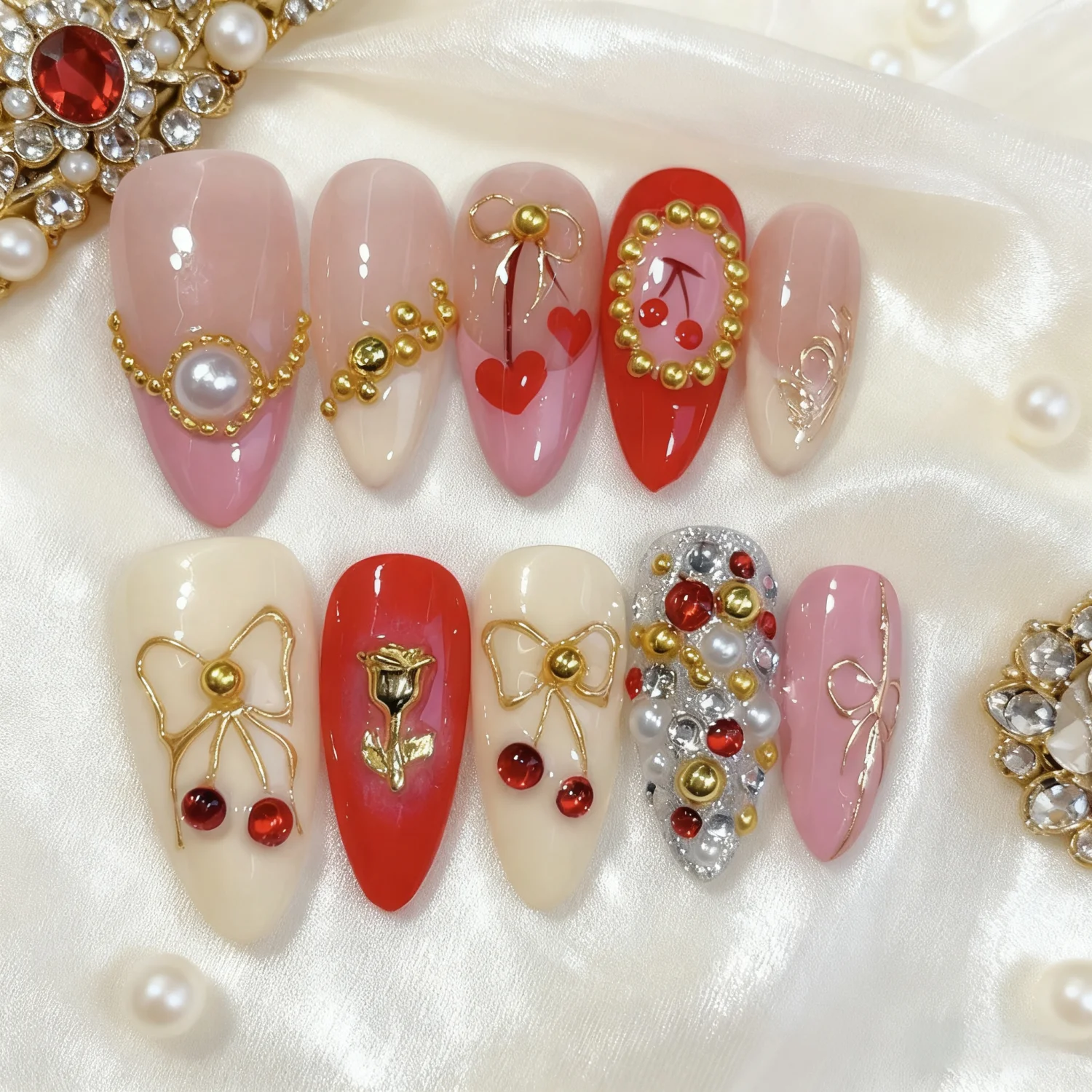 

New 10PCS Handmade Press on Nail with Luxury Pearl Frech Design Almond Fake Nail Wearable Midium Full Cover False Nails For Lady