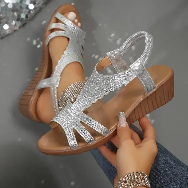 Shoes Female 2024 Brand Elastic Band Women's Sandals Fashion Crystal Office and Career Hot Sale Peep Toe Wedge Sandals Zapatos