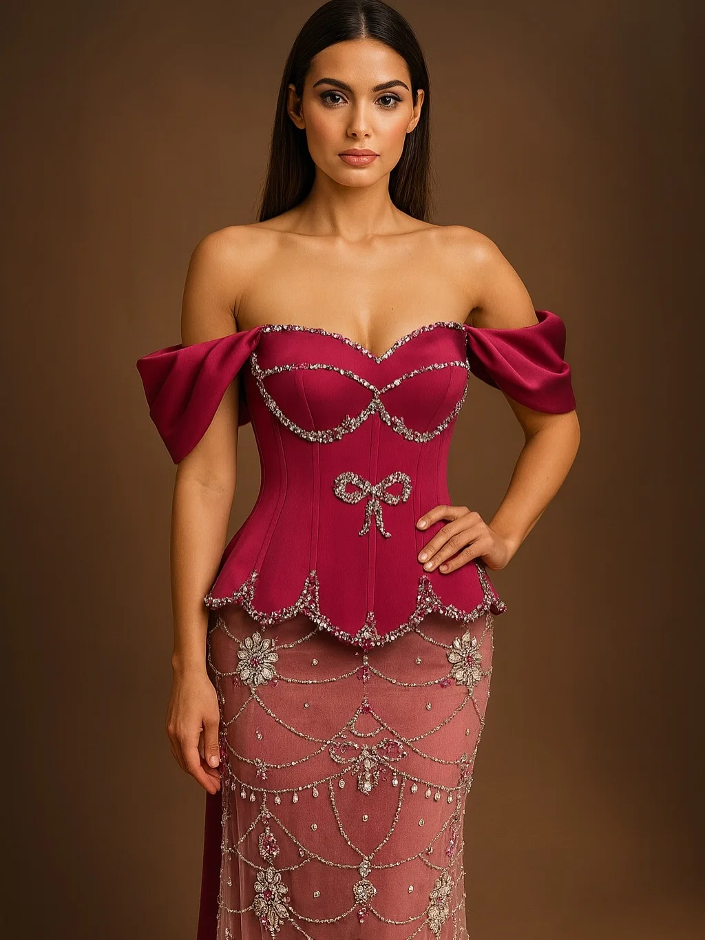 

New Design Romantic Off Shoulder Crystal Bow Beaded Satin Corset Ruched Sheer Train Evening Prom Formal Party Dress