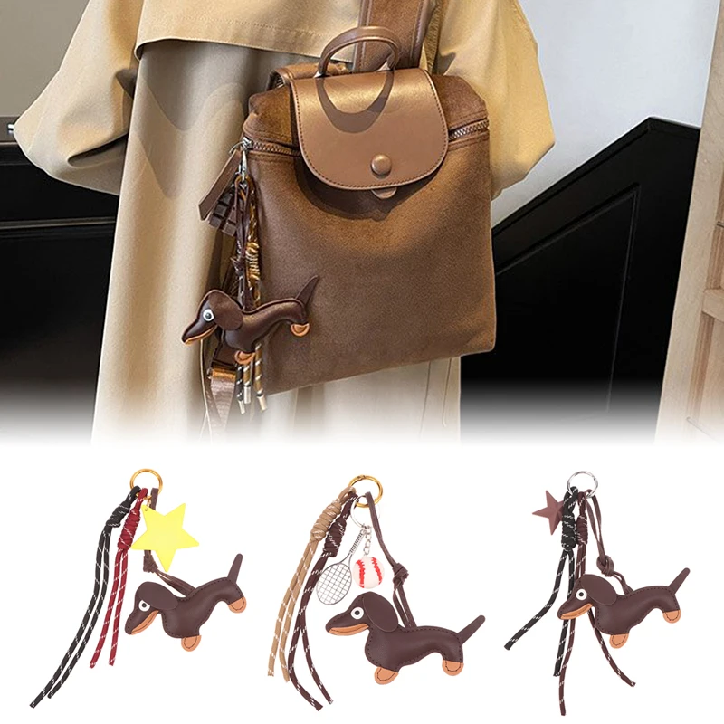 1 unidad de colgantes para hombre y mujer, Vintage, marrón, Otoño e Invierno, cuero, perro salchicha, Chocolate, para bolsos de teléfono móvil, llavero