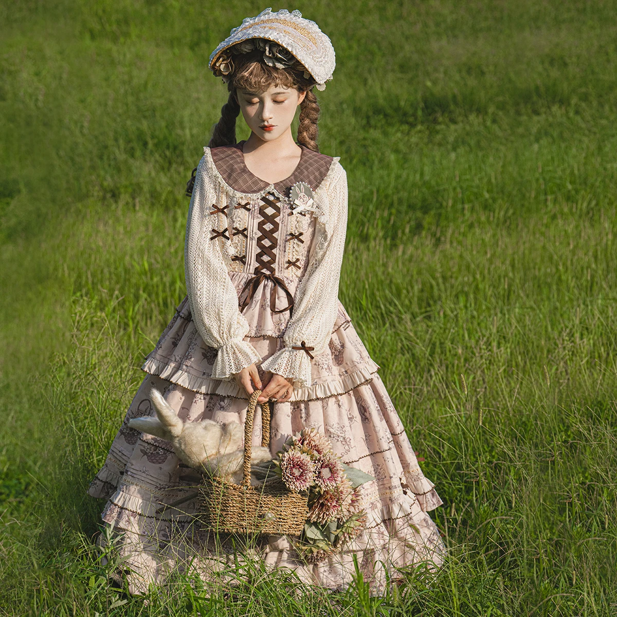 

MAGOGO Elegant Lolita Dress Set Women Autumn Mori Style Vintage Bow Printed Lace-up Doll Collar Sleeveless Dress and Short Coat