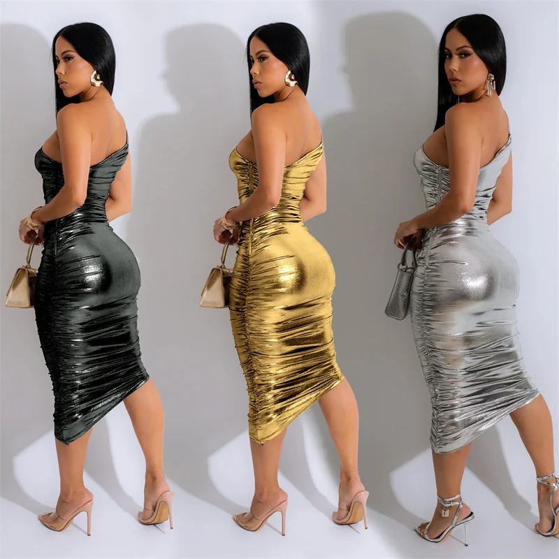 Metallic Gold Silver Party Evening Dress Women Night Club One Shoulder Elegant Ruched Slim Celebrity Birthday Dresses Vestidos