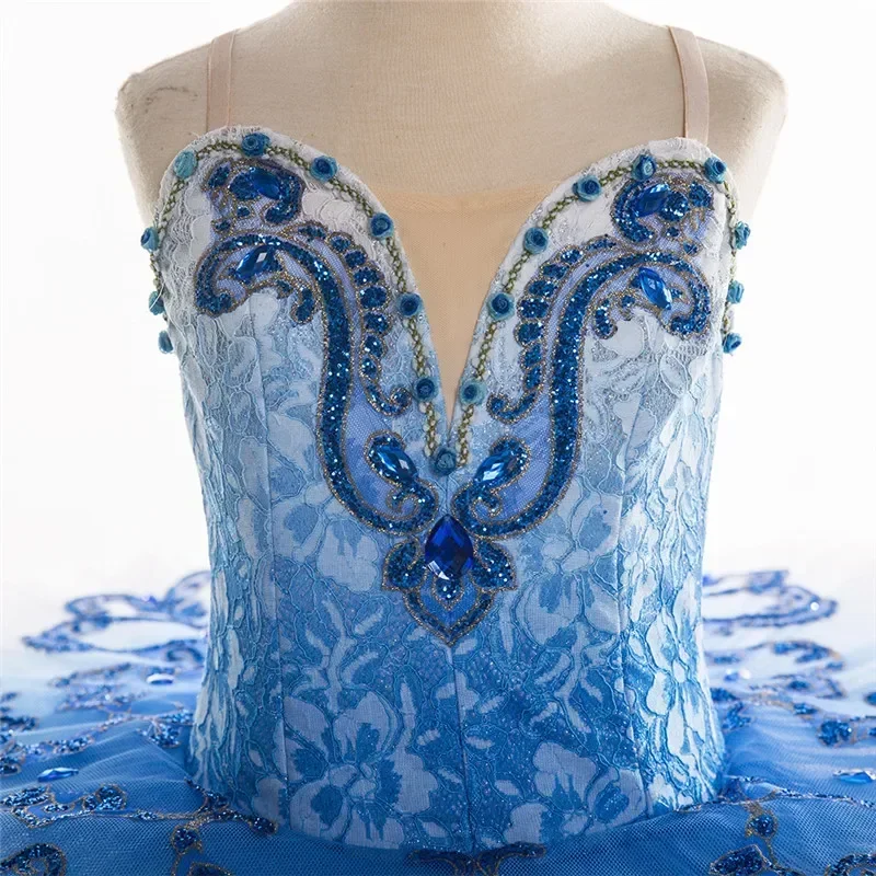 ชุดบัลเลต์เด็กผู้หญิง ดีไซน์เฉพาะตัว ขนาดและสีตามสั่ง สำหรับการแสดงเต้นรำ 7 ชั้น สีไล่ระดับแบบออมเบร สีฟ้า สำหรับเด็กก่อนเริ่มต้นฝึกซ้อมระดับมืออาชีพ