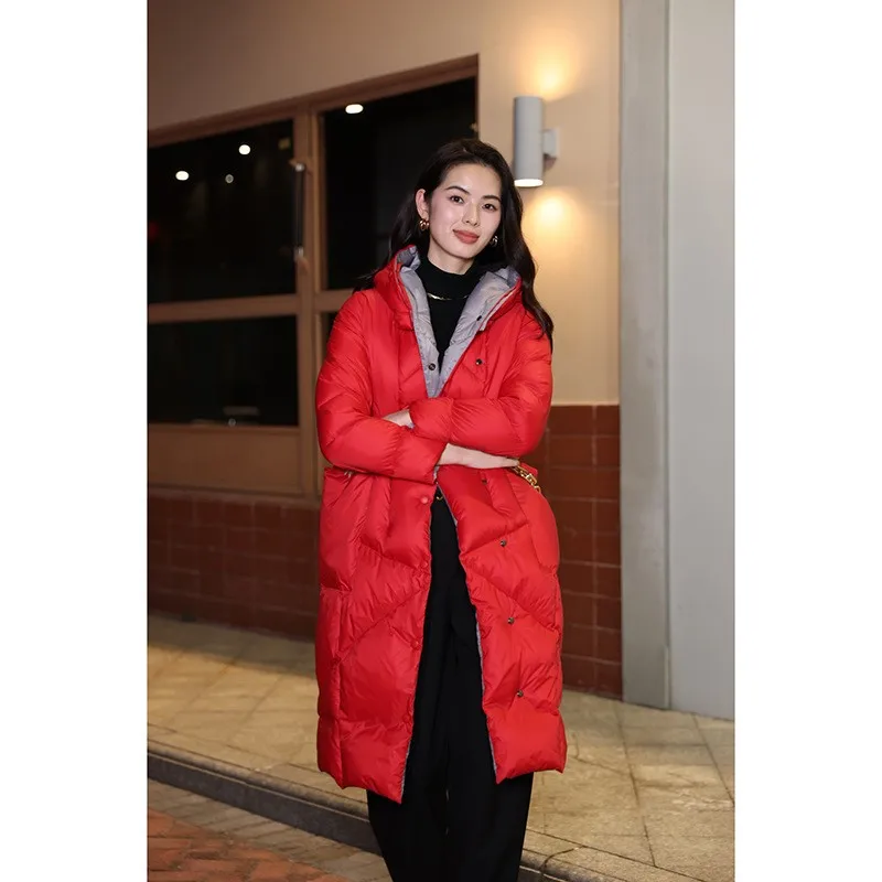 سترة نسائية متوسطة الطول لخريف وشتاء 2025 جديدة بغطاء للرأس سميكة وفضفاضة على شكل شرنقة زرقاء #3