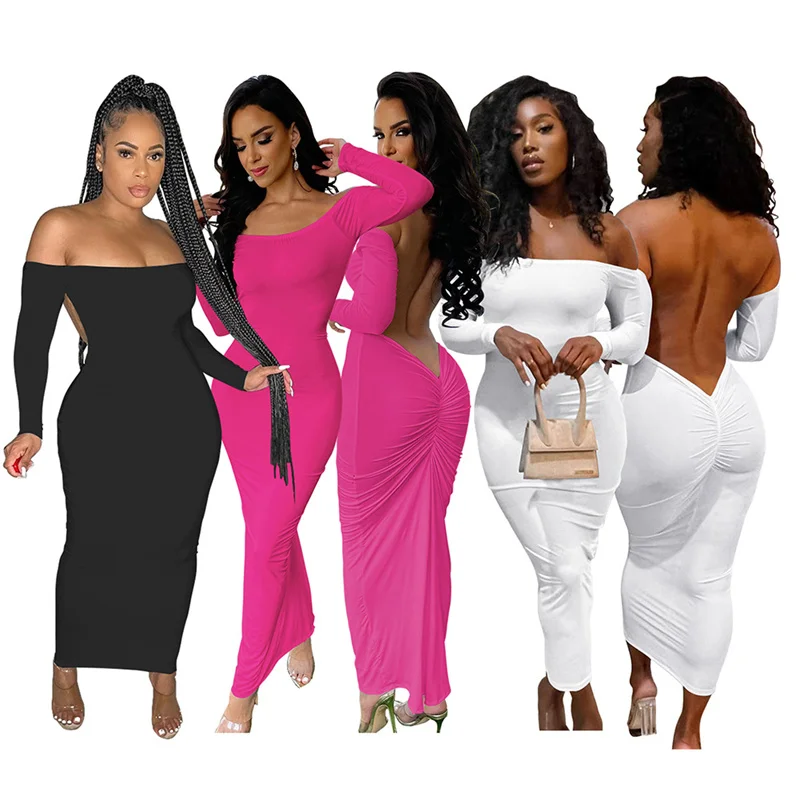 Sexy Off the Shoulder Slash Neck Party Dress Women Clothing Night Club Backless Ruched Bodycon Dresses Long Sleeves Vestidos