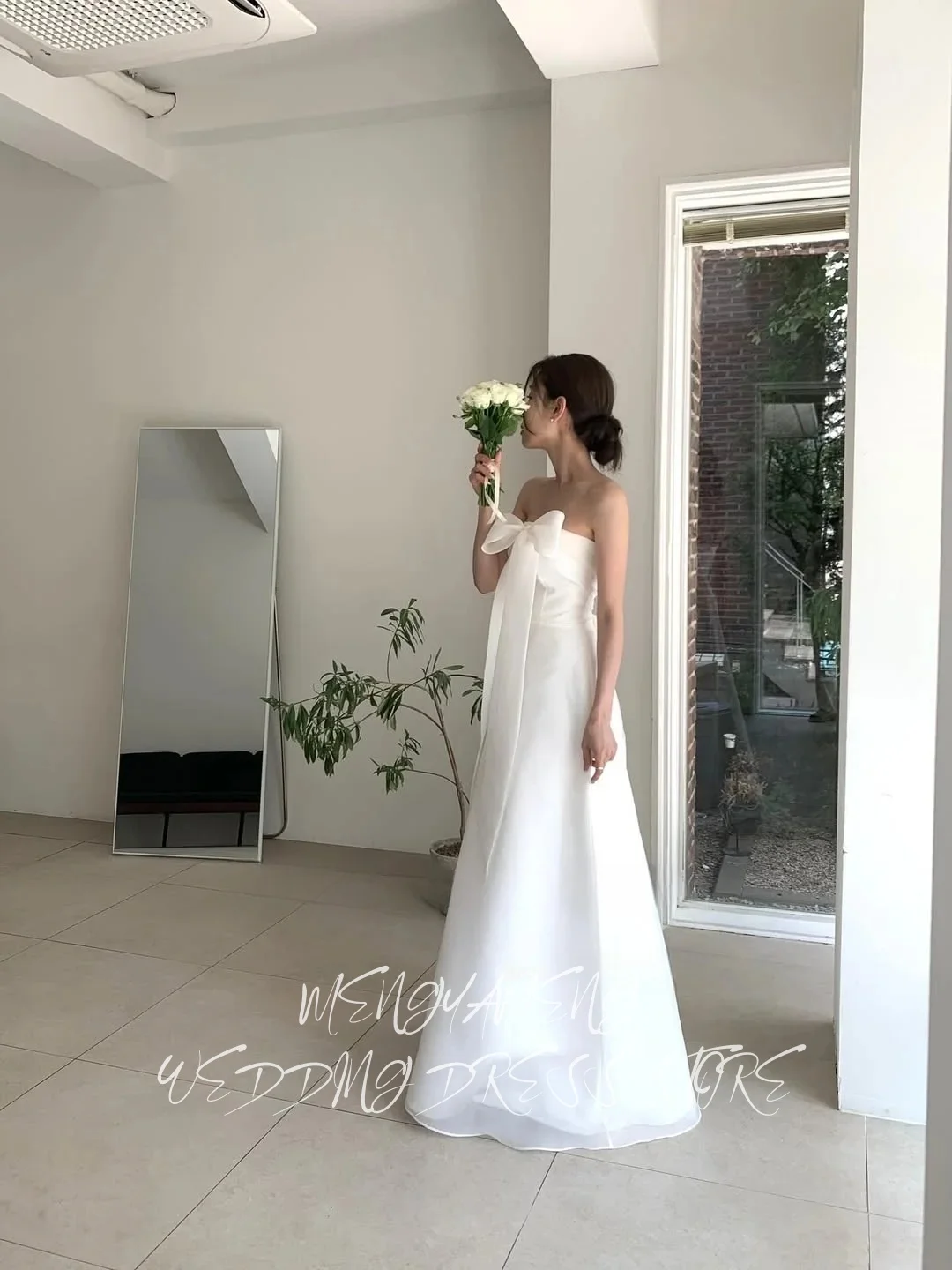 ZHUISHU Simple A-Line Bow Wedding Party Dress Strapless Floor Length Ivory Organza Korea Photo Shoot Bridal Gown Customized