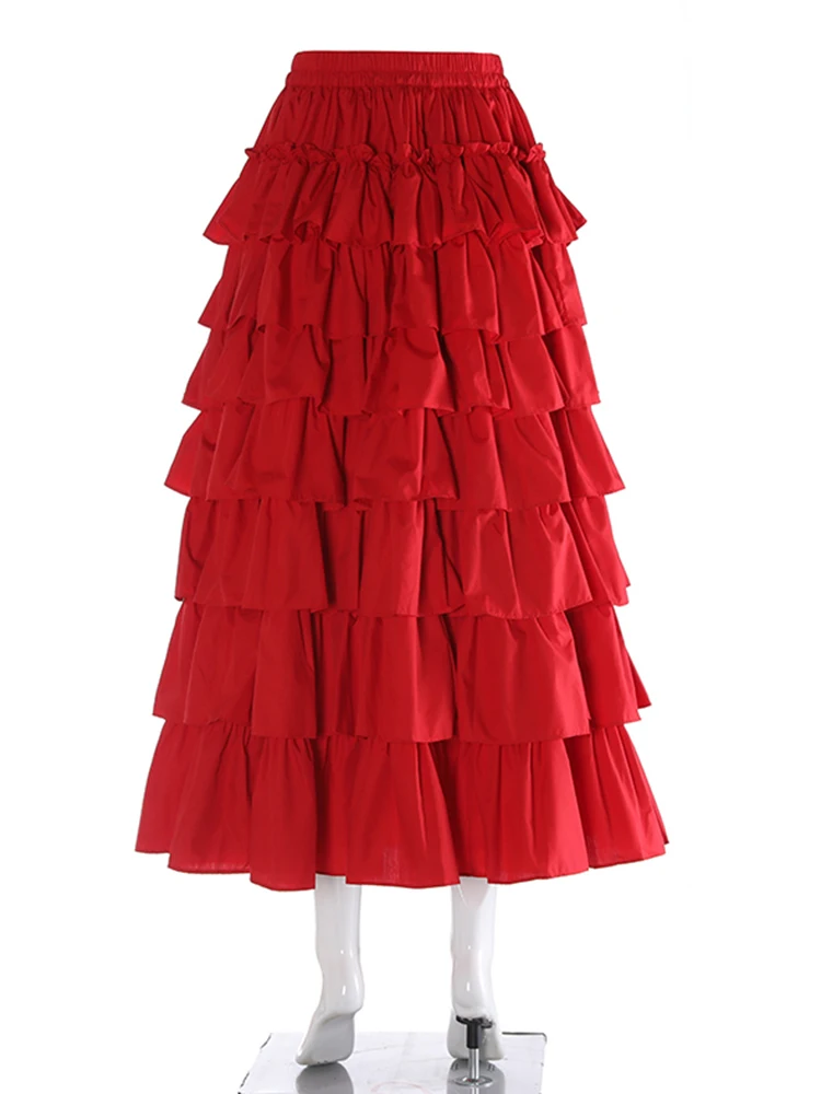 High Elastic Waist Red Ruffles Layers Elegant Cake Half-body Skirt Women Fashion Tide New Spring Autumn