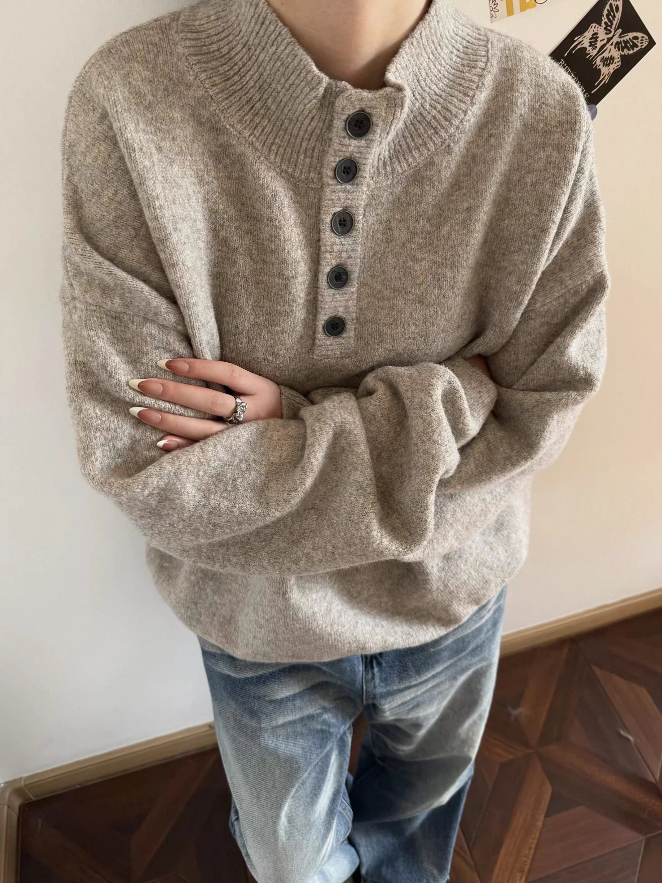 

American Sle Henry Collar Knitwear Top Five Button Casual Loose Fit Long Sve Warm Color Men's Autumn Winter Sweater
