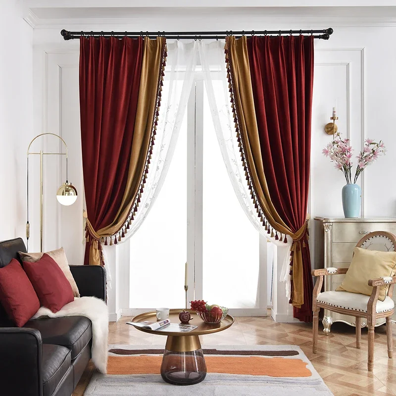 Custom Vintage Velvet Wine Red Curtains for Living Dining Room Bedroom Blackout Splicing American Wedding Room Floor Floating