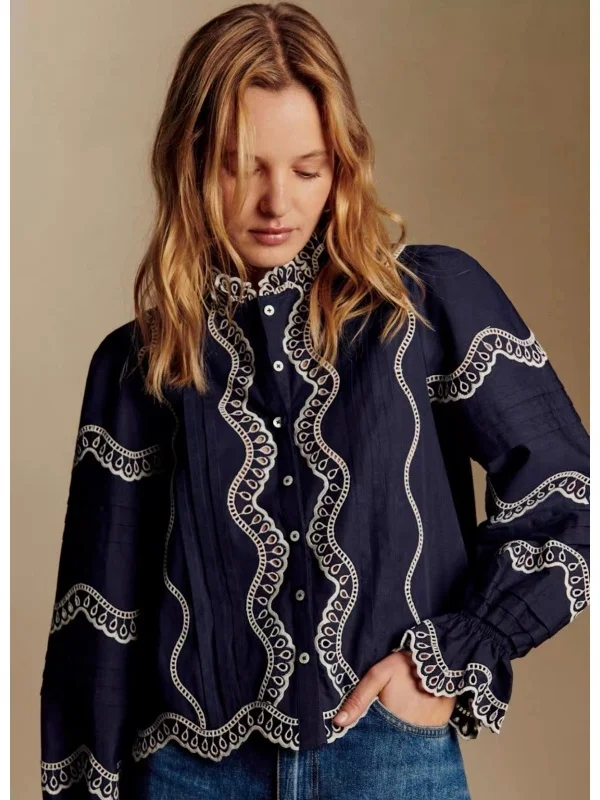 

Ele Deep Blue Embroidered Hollow out Long Sve Stand Collar irt for Women Spring Summer Vintage French Sle Top