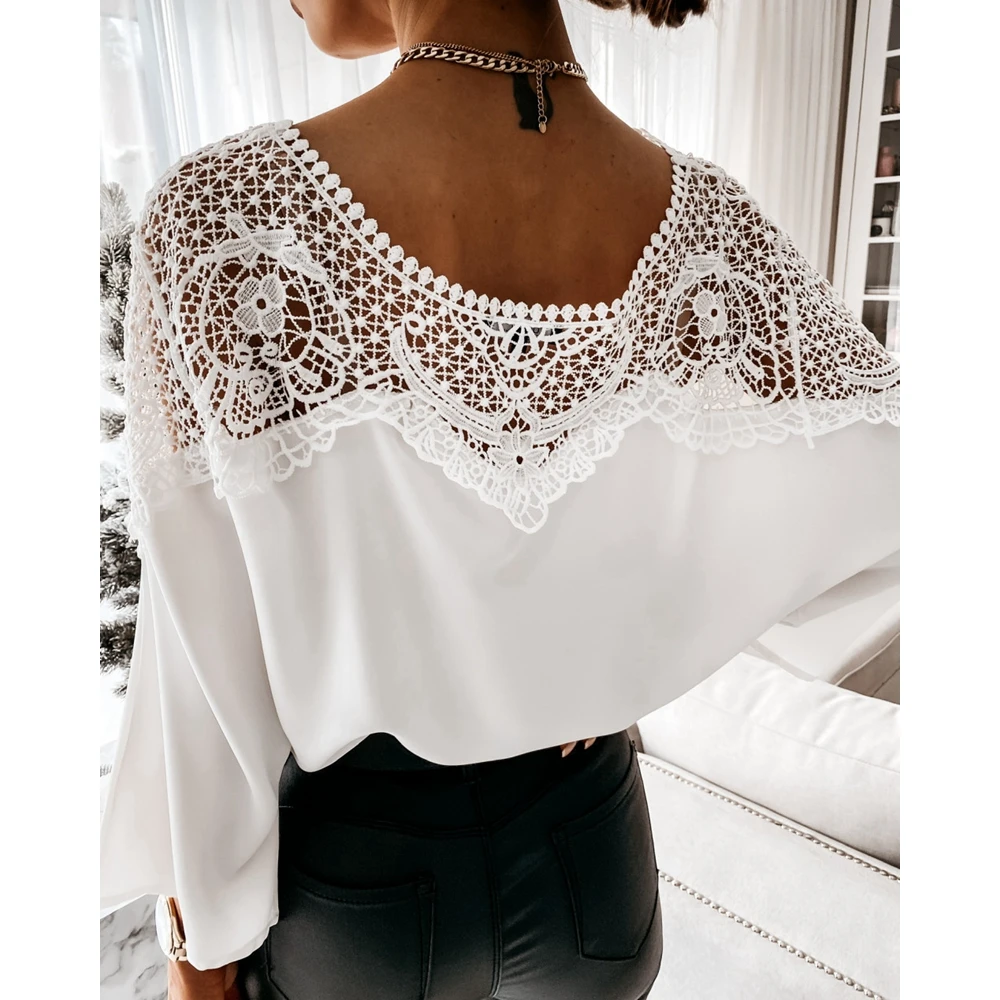 

Женская кружевная блузка с длинным рукавом, белый ажурный топ с контрастным кружевом, Повседневная рубашка с круглым вырезом, весна-лето