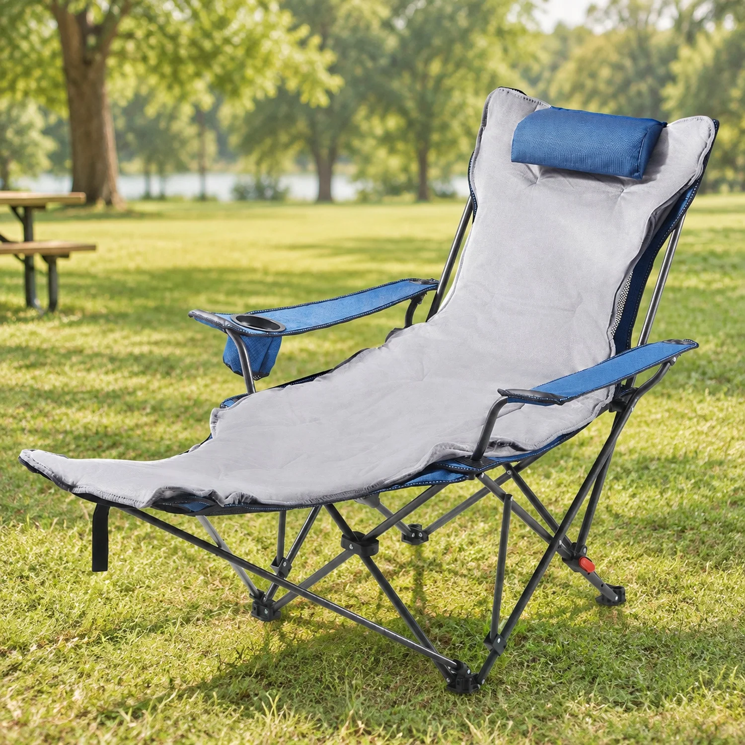 Reclining Camping Chair, 4 Adjustable Positions, Portable Folding Lounger for Adults, Mesh Beach with Footrest & Plush Cushion