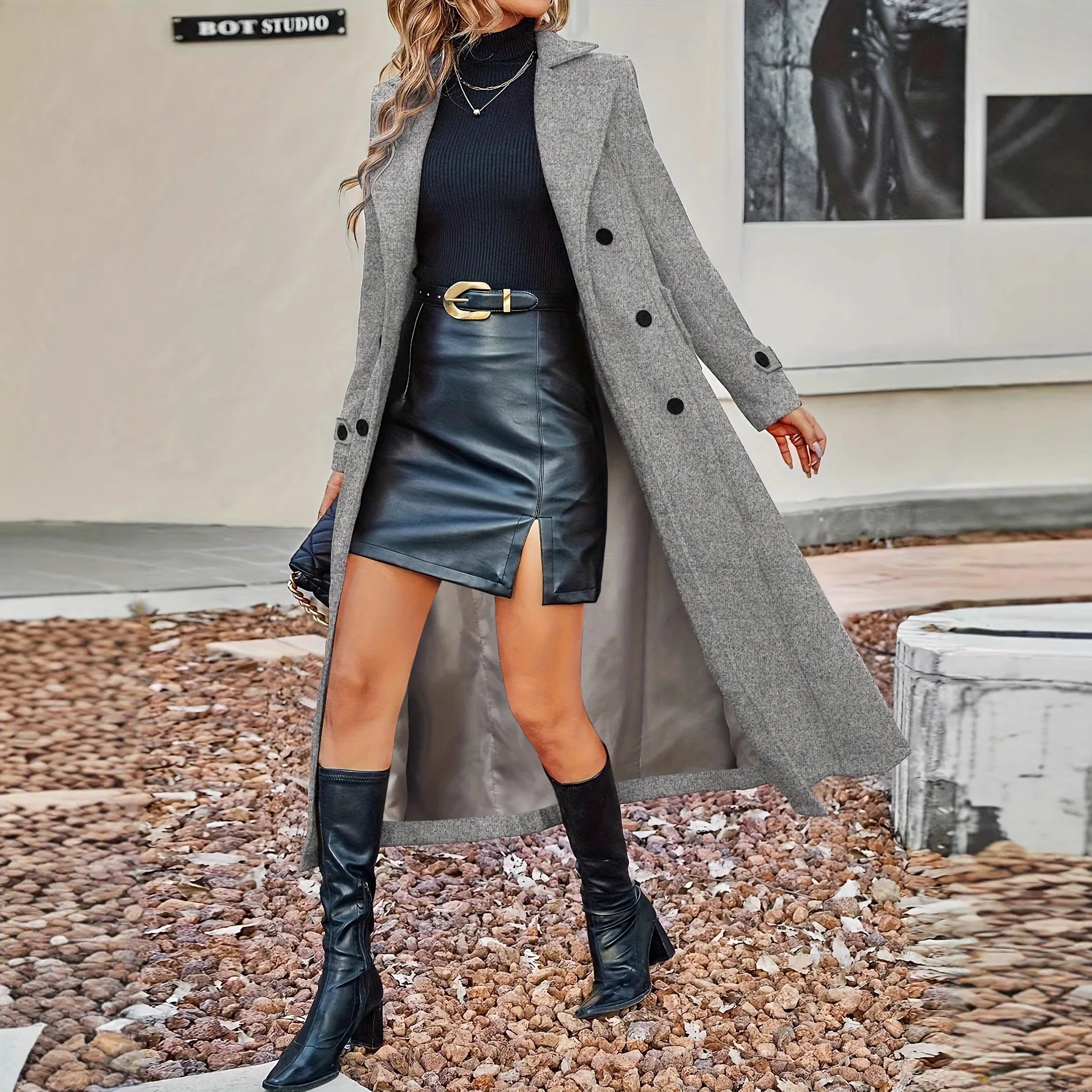 موضة خريف وشتاء 2025 سترة صوف دافئة مزدوجة الصدر معطف نسائي طويل