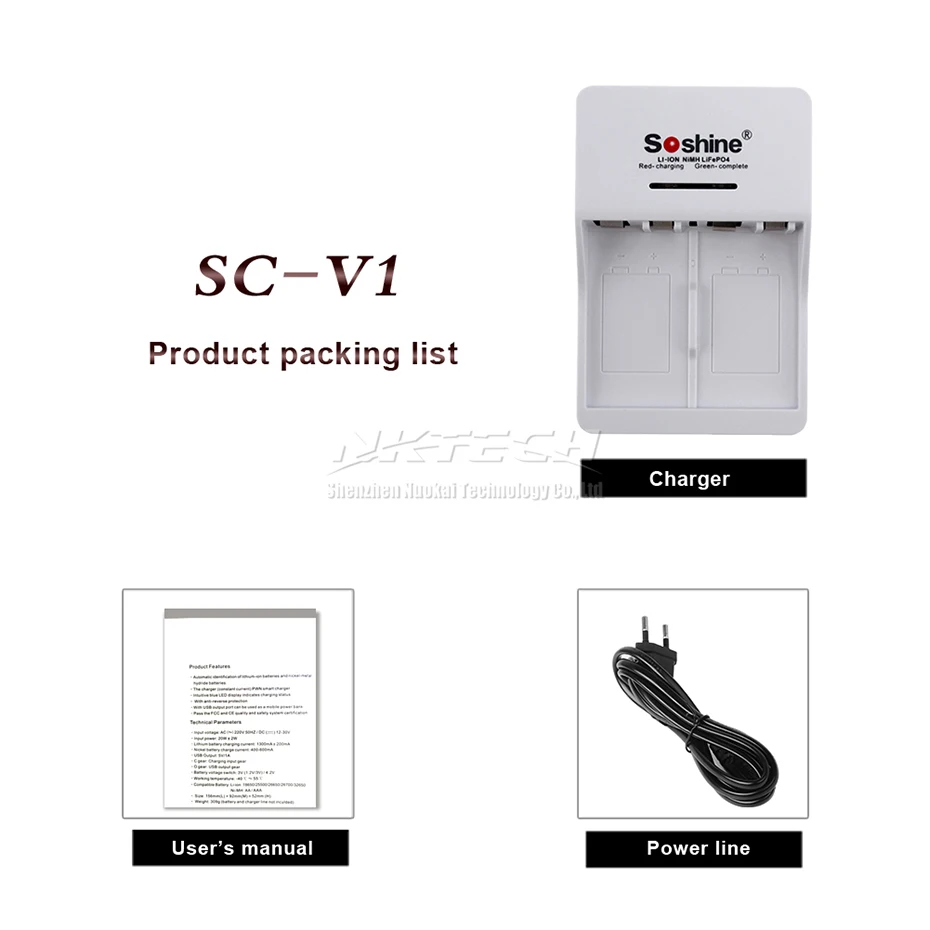 Soshine 9V Li-ion Ni-MH Battery Charger Smart SC-V1 6F22 Rechargeable Lithium LiFePO4 Batteries Chargers 2-Slot Input AC 90-260V