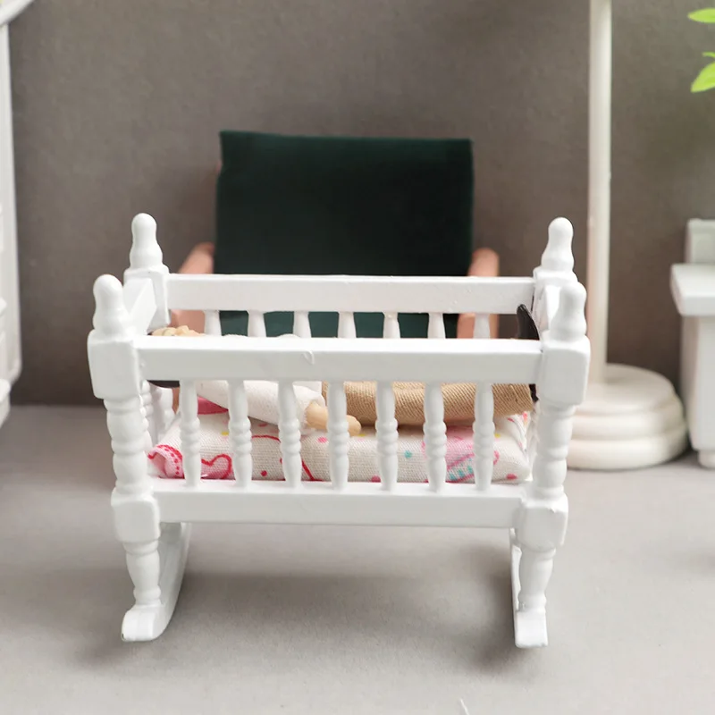 

1:12 Scale Dollhouse Miniature Wooden Baby Cradle White Simulation Furniture Model Doll House Micro Scene Decor Accessories 2025