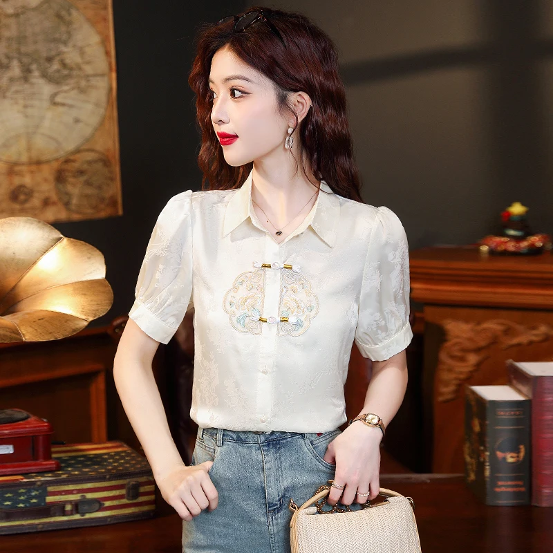 Short Sleeve Turn Down Collar Women Shirt Embroidery Chiffon Shirt Blouse Women Tops Blusas Mujer De Moda 2024 Verano Blusa H758