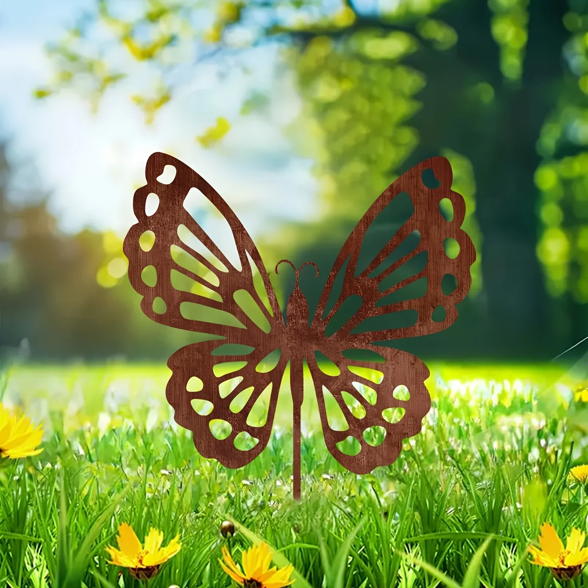 Art Deco Nature Inspired Rusty Metal Butterfly Garden Stake 1Pc 30Cm Weatherproof Balcony Patio Magical Lawn Outdoor Decor