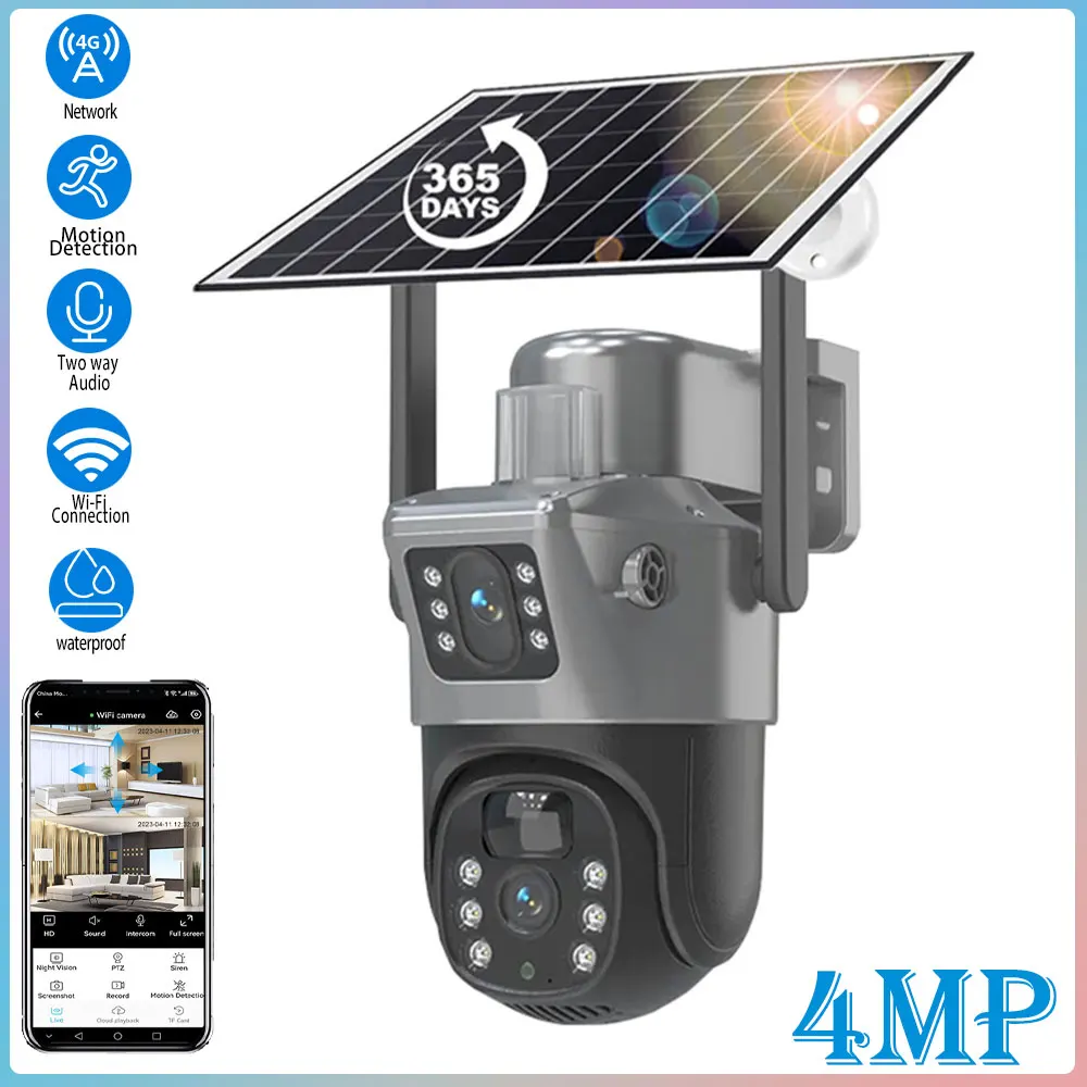 

4G/WIFI 6MP dual-lens solar camera outdoor PIR human body motion detection two-way audio IP67 Waterproof safety solar camera