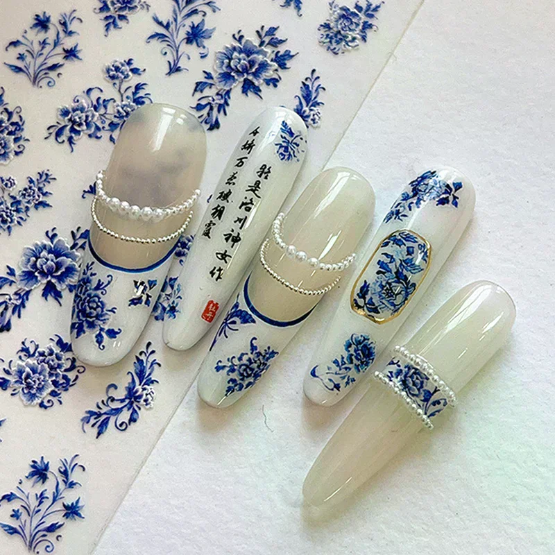 

Blue White Porcelain Chinese Style Sticker 3D Self Adhesive Nail Art Sticker Flower Silverback Adhesive Manicure Decal Salon DIY