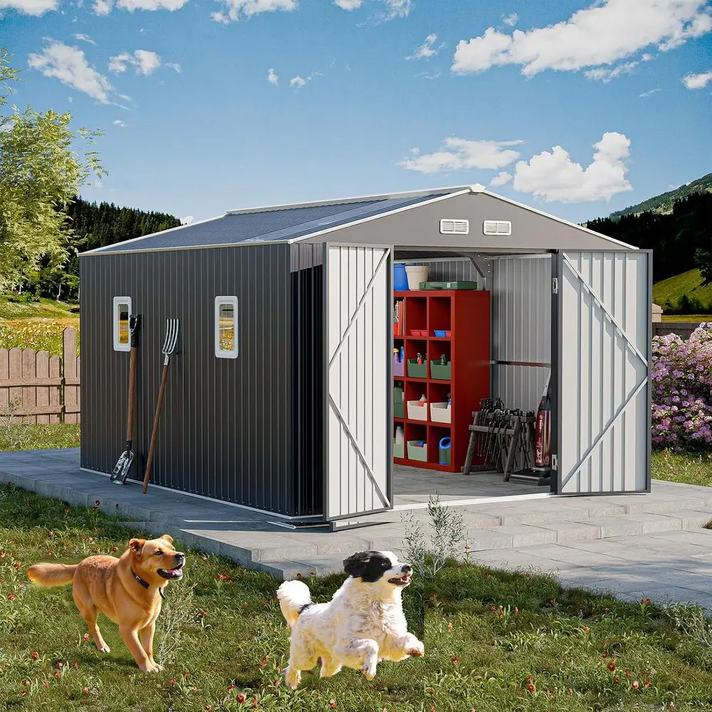 

Усиленный металлический навес для наружного хранения вещей: 10x12 футов, прозрачная крыша, вентиляционное отверстие, запираемая дверь для садового и газоночного оборудования