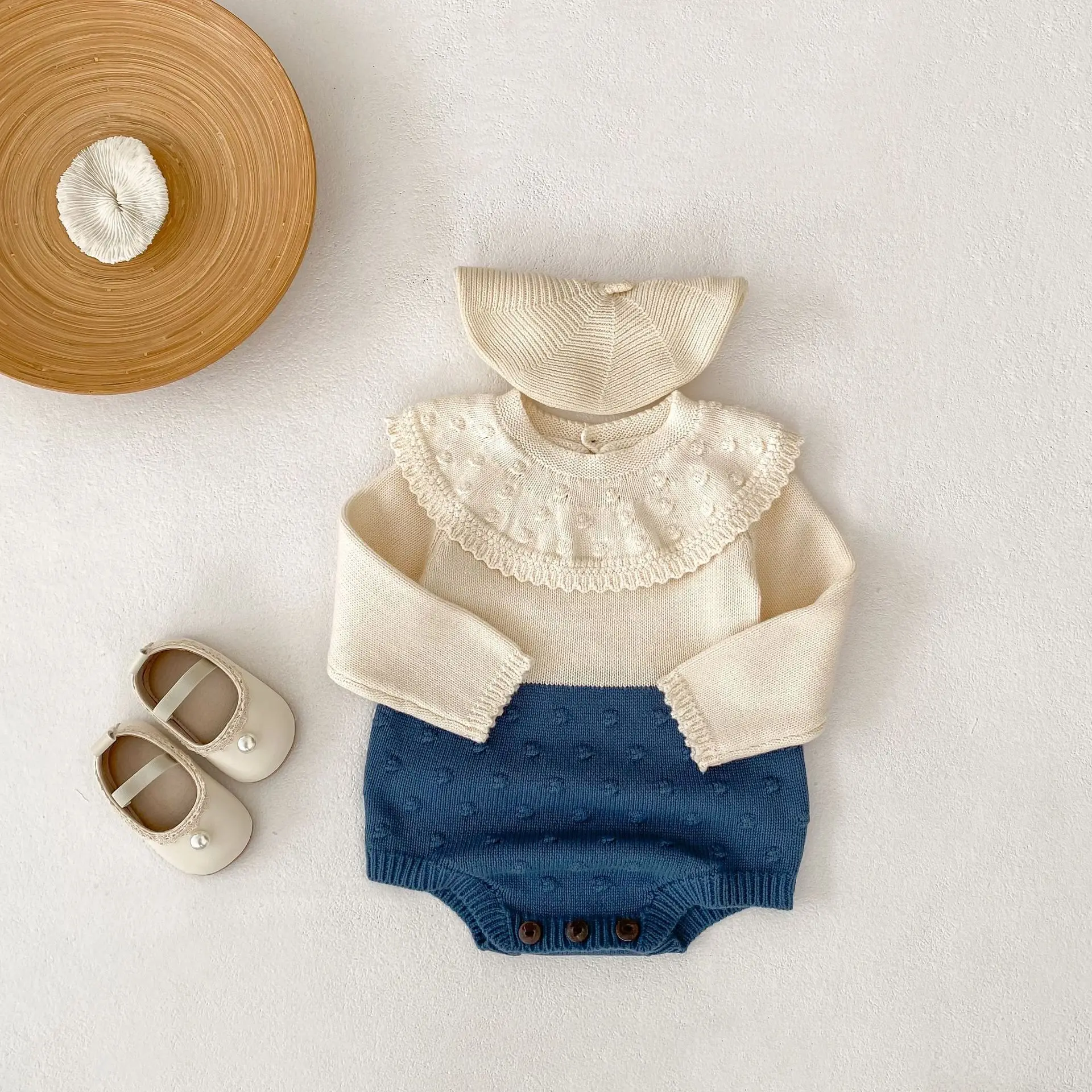 Baby Romper for Boys Girls  Autumn Style with Large Collar Polka Dot Pattern Long Sleeves Knitted Wool Crawling Suit Bodysuit