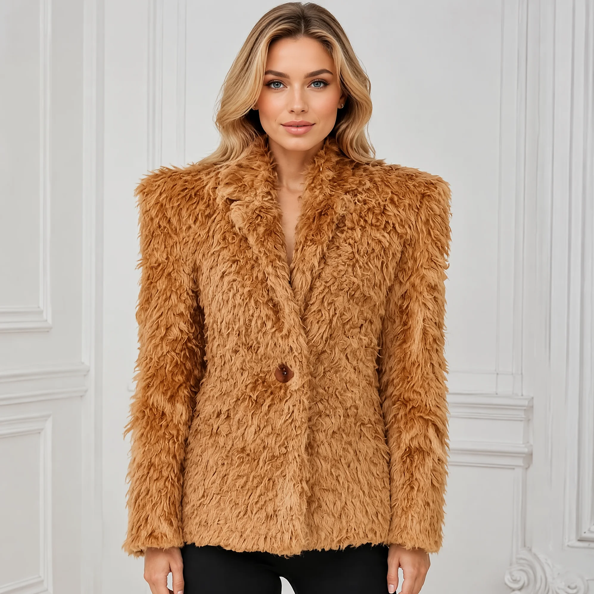 RU Ladies Structured Shoulder Curly Faux Fur Jacket Notched Collar Single Button Relaxed Fit Fashion Streetwear Overcoat